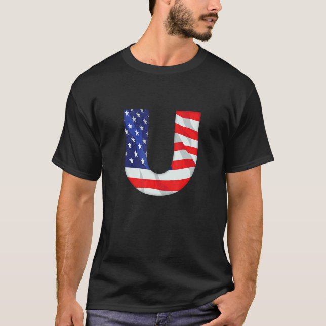 Letter U Capital Alphabet Usa American Flag Monogr T-Shirt (Front)