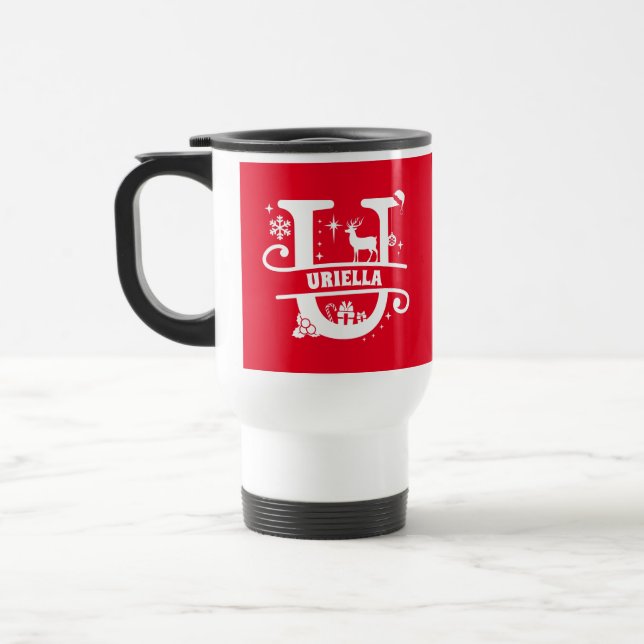 Letter U Christmas Monogram Initial Name Red   Travel Mug (Left)
