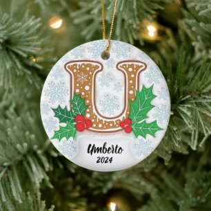 Letter U Custom Name Monogram Christmas Ceramic Ornament