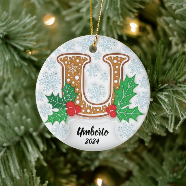 Letter U Custom Name Monogram Christmas Ceramic Ornament (Tree)