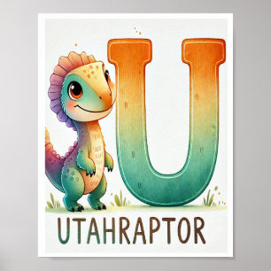 Letter U, Dinosaur Alphabet Watercolor Poster