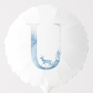 Letter U Dusty Blue Winter Forest Monogram Initial Balloon