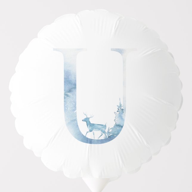 Letter U Dusty Blue Winter Forest Monogram Initial Balloon (Front)