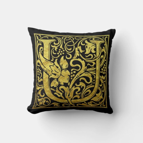 Letter U First Letter Faux Gold Black Throw Pillow