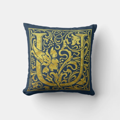 Letter U First Letter Faux Gold Blue Throw Pillow