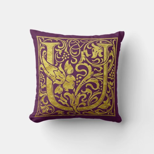 Letter U First Letter Faux Gold Purple Throw Pillow