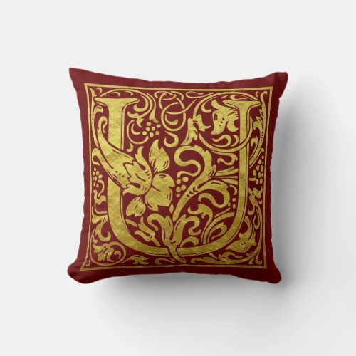 Letter U First Letter Faux Gold Red Throw Pillow