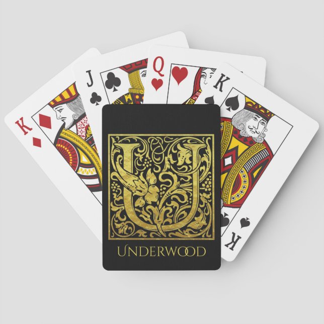 Letter U First Letter Gold on Classic Black Poker Cards (Back)