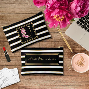 Letter U Floral Monogram Black White Gold Stripes Accessory Pouch