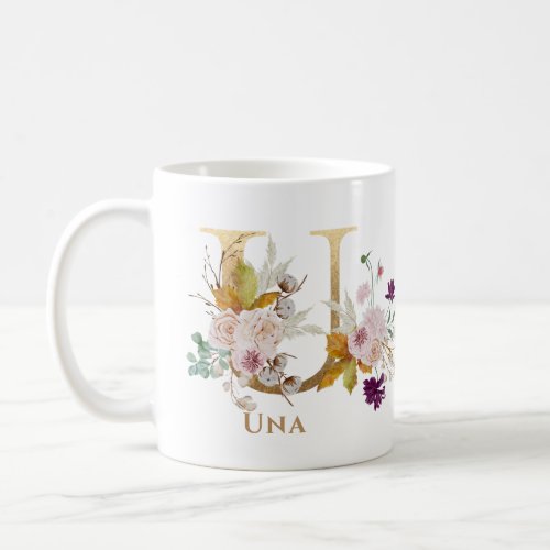 Letter U _ Gold Floral Name sister coworker friend Coffee Mug