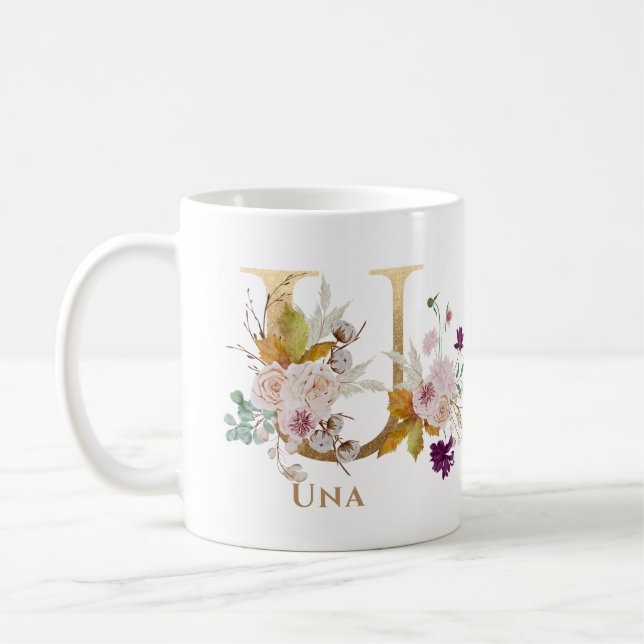 Letter U - Gold Floral Name sister coworker friend Coffee Mug (Left)
