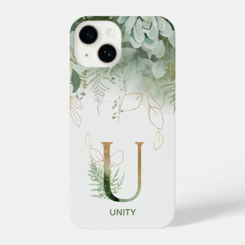 Letter U Gold  Green Succulent iPhone 14 Case