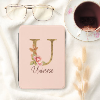 Letter U Gold Monogram Blush Pink Roses Kindle Cover