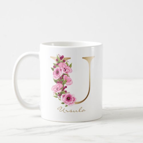 Letter U Gold Monogram Pink Magenta Floral Coffee Mug