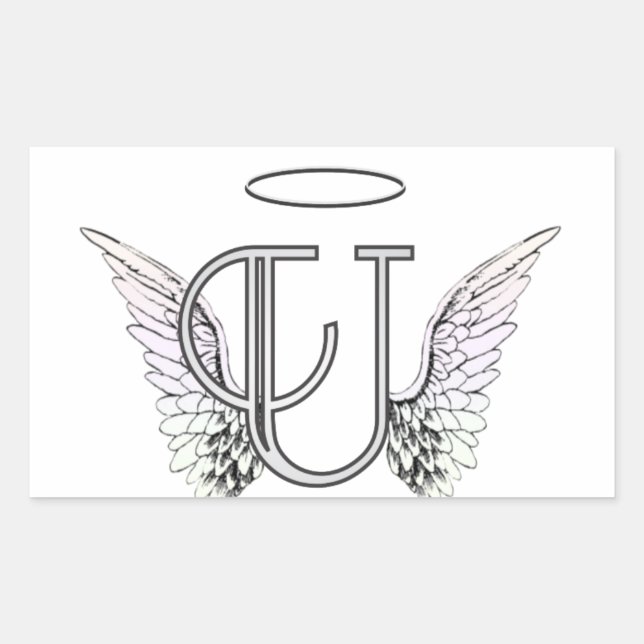 Letter U Initial Monogram with Angel Wings & Halo Rectangular Sticker (Front)