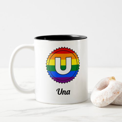 Letter U Initial  Name Gay Pride Rainbow Monogram Two_Tone Coffee Mug