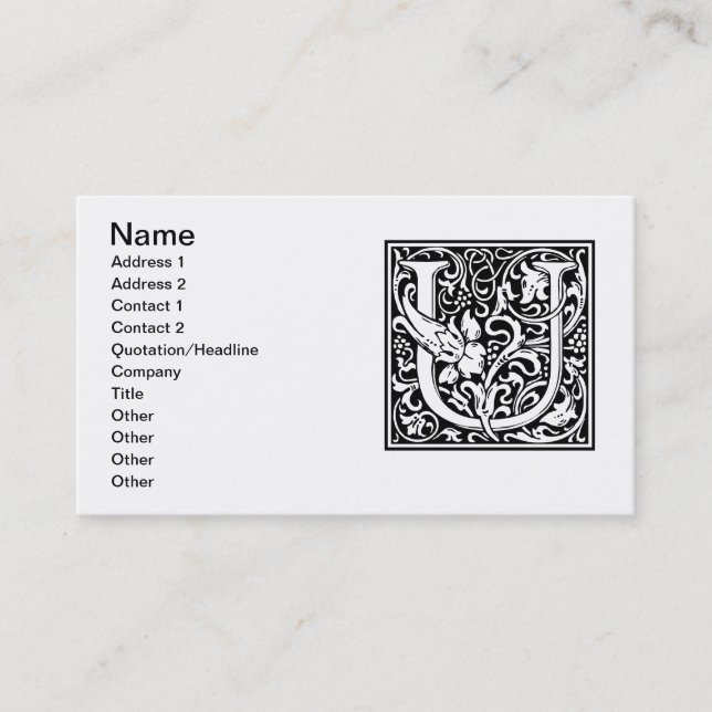 Letter U Medieval Monogram Art Nouveau Business Card (Front)