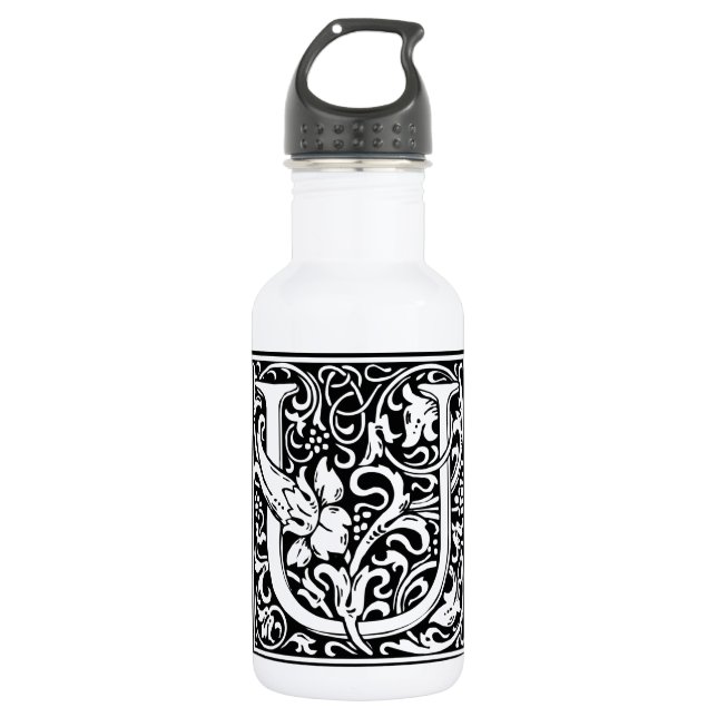 Letter U Medieval Monogram Art Nouveau Water Bottle (Front)