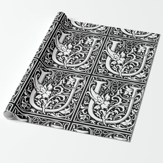 Letter U Medieval Monogram Art Nouveau Wrapping Paper (Unrolled)