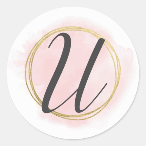 Letter U Monogram Blush Pink Watercolor Gold Chic Classic Round Sticker