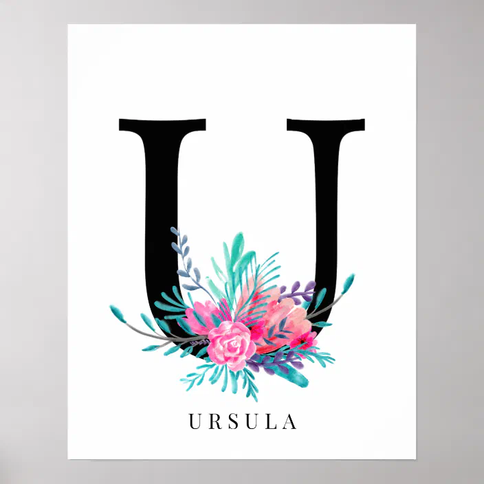 Custom Initial Wall Art Monogram Sign Poster Blue Watercolor Illustration Poster Nursery Letter Print Turquoise Letter with Flowers