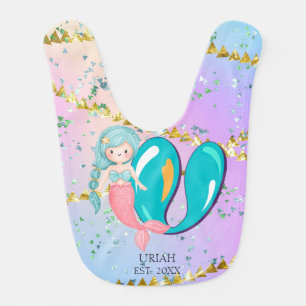 Letter U Monogram Watercolor Cute Mermaid Nursery Baby Bib
