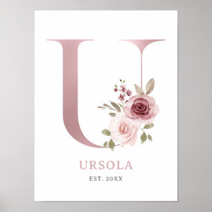 Letter U Monogram Watercolor Rose Florals Nursery Poster