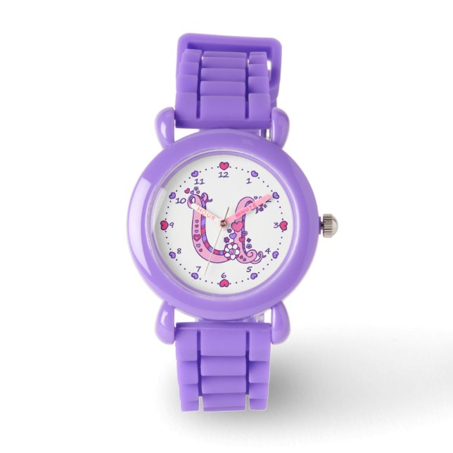 Letter U pink monogram personalized girls watch (Front)