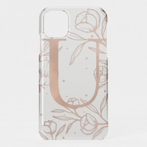 Letter U Rose Gold Monogram Botanical Illustration iPhone 11 Case