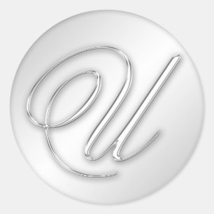 Letter U script initial faux silver monogram favor Classic Round Sticker