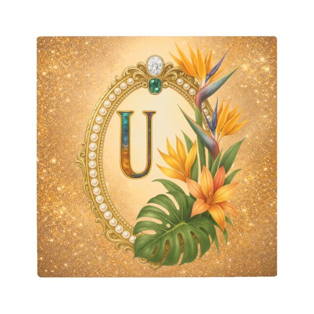 Letter U Tropical Gold Monogram Metal Wall Art (Front)