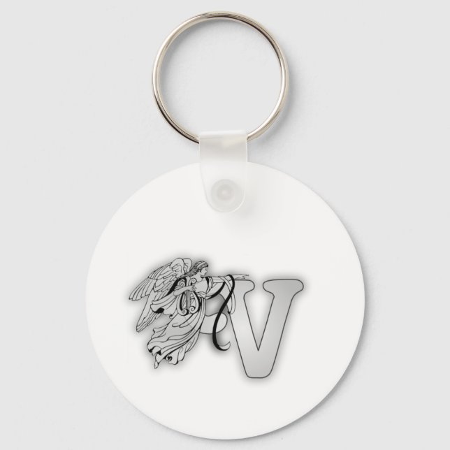 Letter V Angel Monogram Initial Keychain (Front)