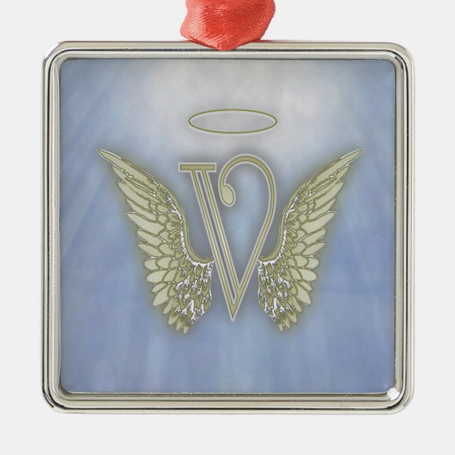 Letter V Angel Monogram Metal Ornament (Front)