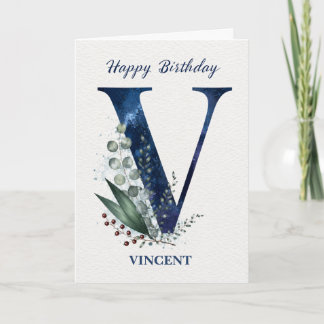 Letter V Birthday for Him Personalized Name Blue Card