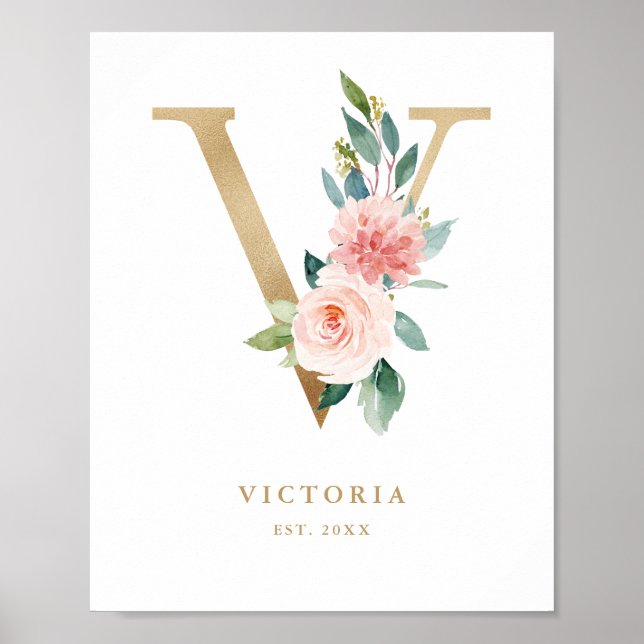 Letter V Blush Floral Monogram Gold Foil Nursery Poster (Front)
