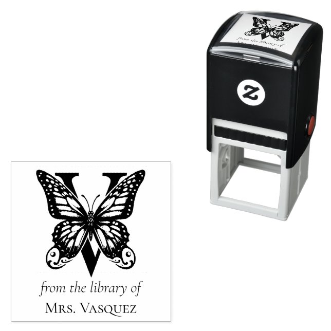 Letter V Butterfly Monogram From the Library Of Self-inking Stamp (In Situ)