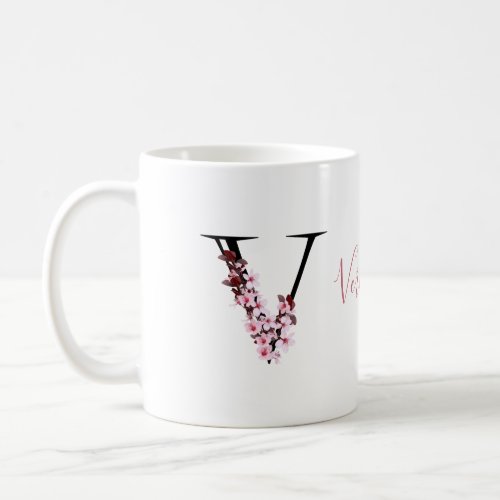 Letter V Cherry Blossom  Monogram Script Name Coffee Mug