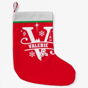 Letter V Christmas Monogram Initial Name Red White Small Christmas Stocking
