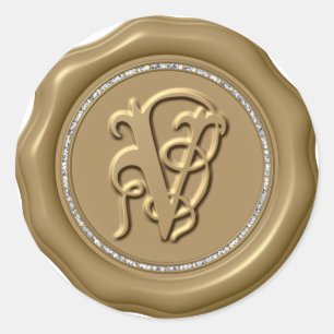 *~* Letter V Diamond Circle GOLD Wax Seal Stickers