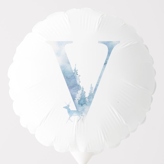 Letter V Dusty Blue Winter Forest Monogram Initial Balloon (Front)