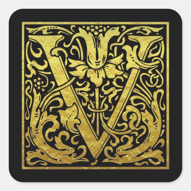 Letter V First Letter Faux Gold Black Square Sticker (Front)