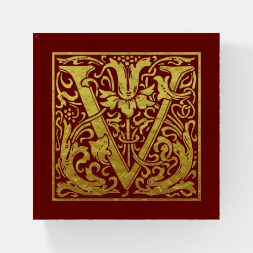 Letter V First Letter Faux Gold on Deep Red Paperweight