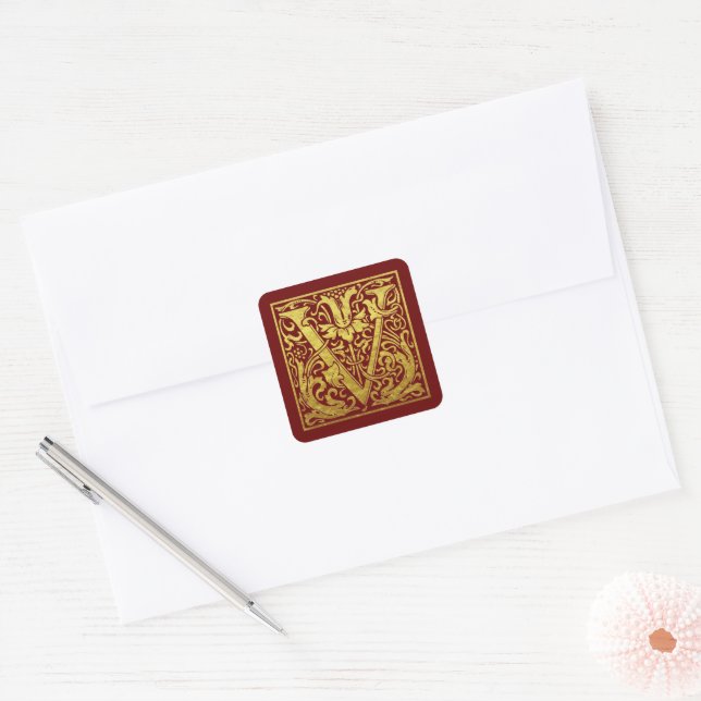 Letter V First Letter Faux Gold Red Square Sticker (Envelope)