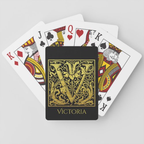 Letter V First Letter Gold on Black Poker Cards
