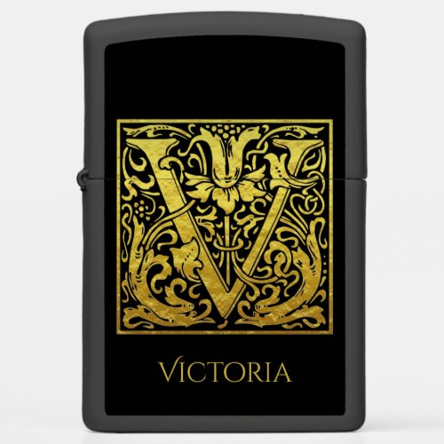 Letter V First Letter Gold on Black Zippo Lighter