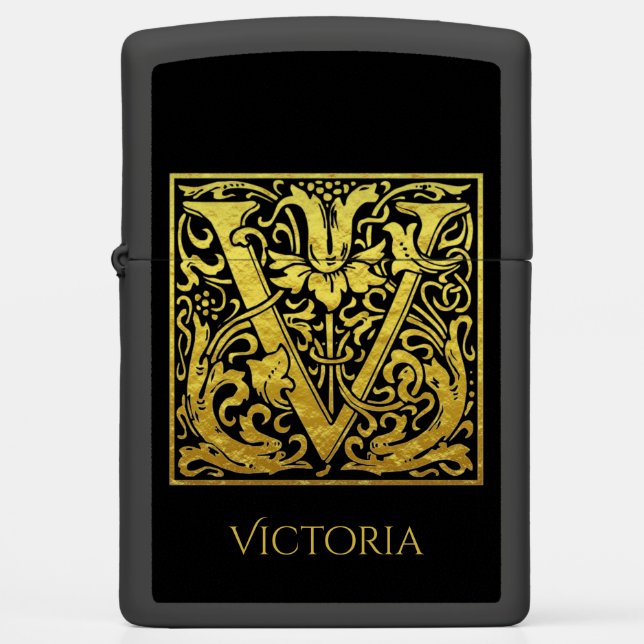 Letter V First Letter Gold on Black Zippo Lighter (Front)