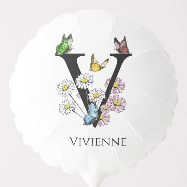 Letter V Floral Butterfly Monogram Initial   Balloon (Front)