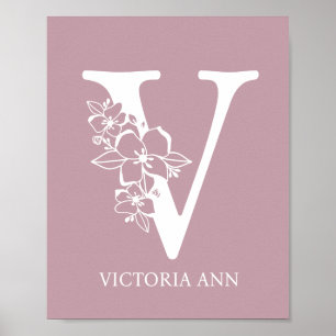 Letter V Floral Monogram Name Nursery Modern Poster