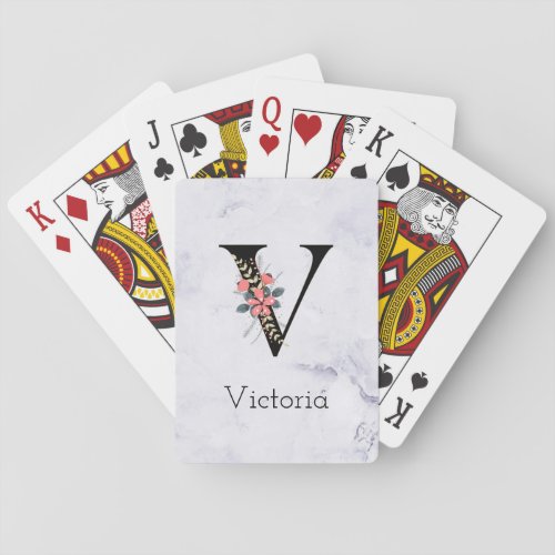 Letter V Floral Monogram White Marble Poker Cards