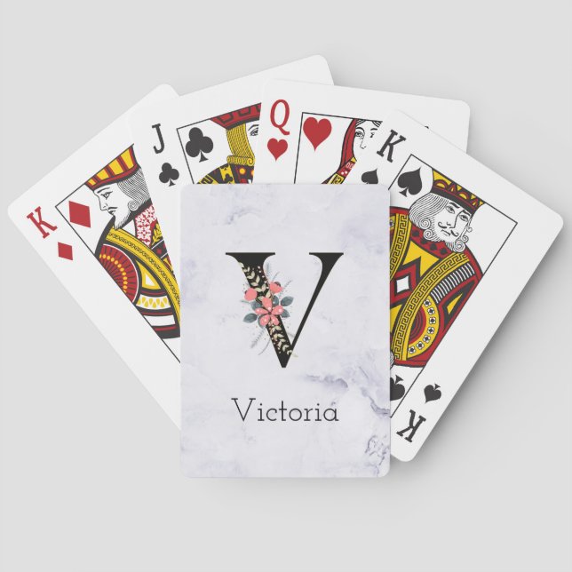 Letter "V" Floral Monogram White Marble Poker Cards (Back)